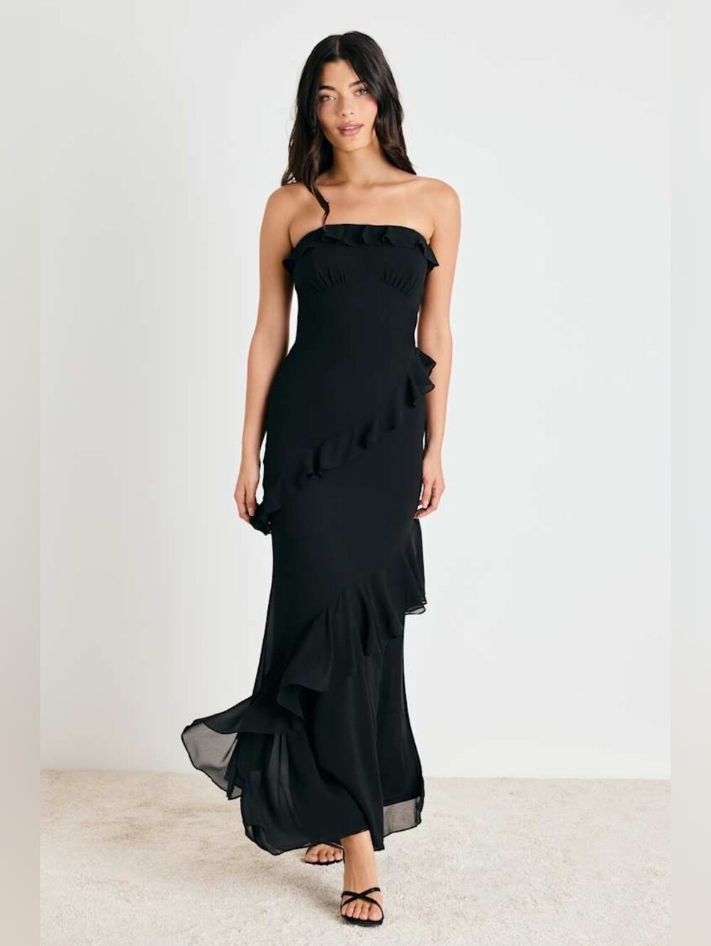 Lulu's Black Strapless Ruffle Maxi Gown Dress